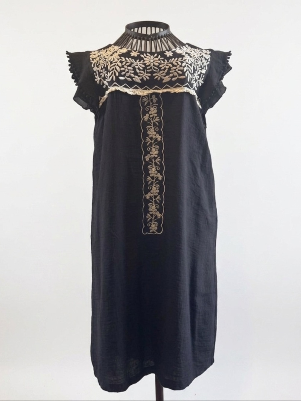 THML - Boho Mini Dress - Crochet Trim - Cap Sleeve - Black - Size Small